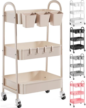 3 Tier Khaki Metal Utility Rolling Cart, Storage Cart with Lockable Wheels Multifunctional Organizer Trolley with Mesh Storage Baskets and Handle for Kitchen, Office, Living Room, Laundry, Garage,Dorm 3 Tier Khaki Metal Utility Rolling Cart, Storage Cart with Lockable Wheels Multifunctional Organizer Trolley with Mesh Storage Baskets and Handle for Kitchen, Office, Living Room, Laundry, Garage,Dorm
