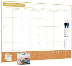 Dry Erase Calendar Whiteboard Cork Board Combo 24"x18" Magnetic White Board Calendar Dry Erase for Wall, Gold Frame Monthly Combination Board for Office, Home, School Dry Erase Calendar Whiteboard Cork Board Combo 24"x18" Magnetic White Board Calendar Dry Erase for Wall, Gold Frame Monthly Combination Board for Office, Home, School
