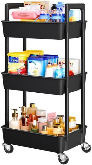 3 Tier Rolling Cart Organizer, Plastic Rolling Cart with Lockable Wheels & Reinforced Handle, Lightweight Utility Storage Cart for Nursery, Kitchen, Craft Room, Black 3 Tier Rolling Cart Organizer, Plastic Rolling Cart with Lockable Wheels & Reinforced Handle, Lightweight Utility Storage Cart for Nursery, Kitchen, Craft Room, Black