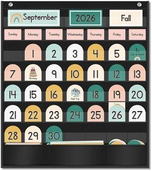 Boho Calendar Pocket Chart with 90 Cards for Kids Learning,Classroom and Home School Décor,Black Boho Calendar Pocket Chart with 90 Cards for Kids Learning,Classroom and Home School Décor,Black