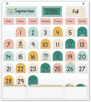 Boho Calendar Pocket Chart with 90 Cards for Kids Learning,Classroom and Home School Décor,White Boho Calendar Pocket Chart with 90 Cards for Kids Learning,Classroom and Home School Décor,White