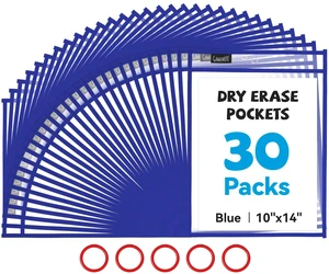30 Pack Dry Erase Pockets, 10x14 Reusable Sleeves, Blue 30 reusable PVC pockets hold 8.5 x 11 and 9 x 12 sheets; double sided wipe clean surfaces, pen loops, eyelets, and 5 rings 30 Pack Dry Erase Pockets, 10x14 Reusable Sleeves, Blue 30 reusable PVC pockets hold 8.5 x 11 and 9 x 12 sheets; double sided wipe clean surfaces, pen loops, eyelets, and 5 rings