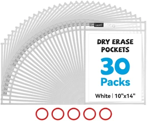 30 Pack White Dry Erase Pockets, 10x14 Reusable Sleeves 30 reusable PVC pockets hold 8.5 x 11 and 9 x 12 sheets; double sided wipe clean surfaces, pen loops, eyelets, and 5 rings 30 Pack White Dry Erase Pockets, 10x14 Reusable Sleeves 30 reusable PVC pockets hold 8.5 x 11 and 9 x 12 sheets; double sided wipe clean surfaces, pen loops, eyelets, and 5 rings