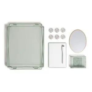 Magnetic Locker Organizer Kit with Decor, Green Eleven pieces: a stackable metal locker shelf, gold oval mirror, mesh cup, dry erase board, marker and six rose magnets Magnetic Locker Organizer Kit with Decor, Green Eleven pieces: a stackable metal locker shelf, gold oval mirror, mesh cup, dry erase board, marker and six rose magnets