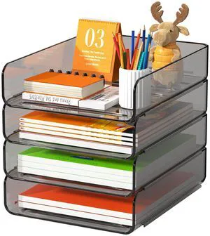 4-Tier Acrylic Paper Tray Organizer, Brown Office Paper Organizer Stackable, Tool-Free Design with 2-4 Tiers for A4 Paper, Files, Books and Mail; Ideal for School, Home Office and Study Room 4-Tier Acrylic Paper Tray Organizer, Brown Office Paper Organizer Stackable, Tool-Free Design with 2-4 Tiers for A4 Paper, Files, Books and Mail; Ideal for School, Home Office and Study Room