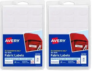 No-Iron Fabric Labels, Assorted Shapes and Sizes, Washer and Dryer-Safe Waterproof Labels, Non-Printable, 45 Count (40700), (Pack of 2) No-Iron Fabric Labels, Assorted Shapes and Sizes, Washer and Dryer-Safe Waterproof Labels, Non-Printable, 45 Count (40700), (Pack of 2)