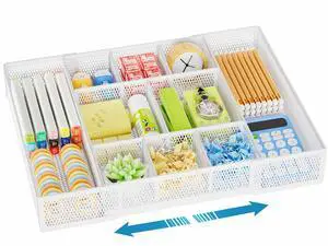 Expandable Desk Drawer Organizer, Mesh Drawer Organizer Tray with 10 Adjustable Compartments, Desk Organizers and Accessories, 5 Dividers Drawer for Office Supplies, Makeup & Vanity (White) Expandable Desk Drawer Organizer, Mesh Drawer Organizer Tray with 10 Adjustable Compartments, Desk Organizers and Accessories, 5 Dividers Drawer for Office Supplies, Makeup & Vanity (White)