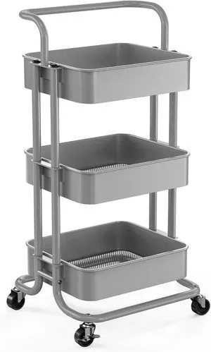 Metal 3 Tier Rolling Cart with Handle & 2 Lockable Wheels, Gray Four Large 2" Wheels for Easy Motion, Sturdy Metal, Hold 22 lbs per Shelf, Ideal for Nursery Room, Living Room, Painting Room Metal 3 Tier Rolling Cart with Handle & 2 Lockable Wheels, Gray Four Large 2" Wheels for Easy Motion, Sturdy Metal, Hold 22 lbs per Shelf, Ideal for Nursery Room, Living Room, Painting Room