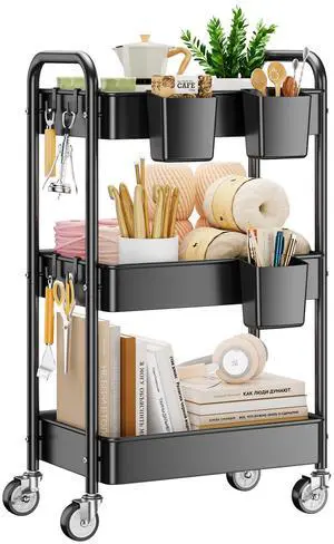 3 Tier Rolling Cart, Heavy Duty Metal Utility Cart with Wheel Black Sturdy Rolling Storage Cart With Hooks & Hanging Cups, Great For Craft, Art Workspace, Kitchen,Snack And Office Storage 3 Tier Rolling Cart, Heavy Duty Metal Utility Cart with Wheel Black Sturdy Rolling Storage Cart With Hooks & Hanging Cups, Great For Craft, Art Workspace, Kitchen,Snack And Office Storage