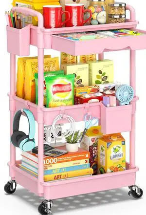3 Tier Rolling Cart with Drawer, Craft Storage Cart Organizer, Pink Bathroom Storage Organizer with 2 Lockable Wheels, Rolling Utility Cart for Kitchen, Office, Baby, Makeup, Nail,Snack,Laundry 3 Tier Rolling Cart with Drawer, Craft Storage Cart Organizer, Pink Bathroom Storage Organizer with 2 Lockable Wheels, Rolling Utility Cart for Kitchen, Office, Baby, Makeup, Nail,Snack,Laundry