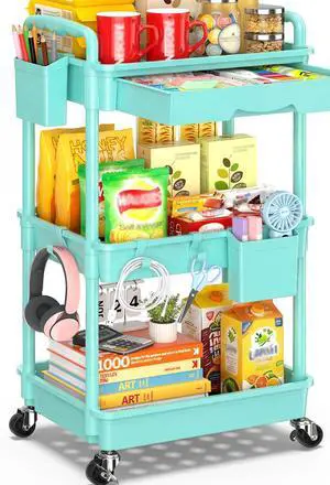 3 Tier Rolling Cart with Drawer, Craft Storage Cart Organizer, Blue Bathroom Storage Organizer with 2 Lockable Wheels, Rolling Utility Cart for Kitchen, Office, Baby, Makeup, Nail,Snack,Laundry 3 Tier Rolling Cart with Drawer, Craft Storage Cart Organizer, Blue Bathroom Storage Organizer with 2 Lockable Wheels, Rolling Utility Cart for Kitchen, Office, Baby, Makeup, Nail,Snack,Laundry