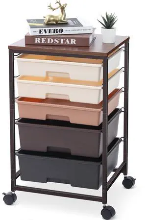 Rolling Cart with Drawers, 5 Drawers Utility Cart, Dark Brown 5-Tiers Storage Cart with Drawers with Lockable Wheels for Craft Organizers and Storage,Home Office,Classroom,Dorm,Playroom Rolling Cart with Drawers, 5 Drawers Utility Cart, Dark Brown 5-Tiers Storage Cart with Drawers with Lockable Wheels for Craft Organizers and Storage,Home Office,Classroom,Dorm,Playroom