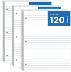 Loose Leaf Paper 8.5x11, 360 Sheets Filler Paper 3 Hole Punch Binder Paper Wide Ruled Lined Paper 8.5 x 11 for 3 Ring Binder, White, 3 Pack, 120 Sheets/Pad Loose Leaf Paper 8.5x11, 360 Sheets Filler Paper 3 Hole Punch Binder Paper Wide Ruled Lined Paper 8.5 x 11 for 3 Ring Binder, White, 3 Pack, 120 Sheets/Pad