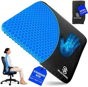 Gel Seat Cushion for Long Sitting, Pressure Relief for Tailbone and Back Double-thick cooling honeycomb gel eases tailbone and back pressure. Two washable covers, non-slip base Gel Seat Cushion for Long Sitting, Pressure Relief for Tailbone and Back Double-thick cooling honeycomb gel eases tailbone and back pressure. Two washable covers, non-slip base