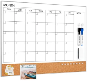 Dry Erase Calendar with Cork Board for Wall 24"x 18" Magnetic Calendar Whiteboard with Silver Frame, Monthly Combination Board for School, Home, Office Dry Erase Calendar with Cork Board for Wall 24"x 18" Magnetic Calendar Whiteboard with Silver Frame, Monthly Combination Board for School, Home, Office