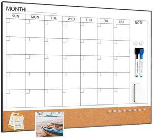 Dry Erase Calendar with Cork Board for Wall 24"x18" Magnetic Calendar Whiteboard with Black Frame, Monthly Combination Board for School, Home, Office Dry Erase Calendar with Cork Board for Wall 24"x18" Magnetic Calendar Whiteboard with Black Frame, Monthly Combination Board for School, Home, Office