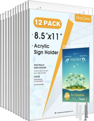 Acrylic Wall Mount Sign Holder, 8.5 x 11 Vertical, 12 Pack Clear Acrylic Material, Easy Wall Installation with Included Screws and Pre-drilled Holes, Ideal for Offices and Stores Acrylic Wall Mount Sign Holder, 8.5 x 11 Vertical, 12 Pack Clear Acrylic Material, Easy Wall Installation with Included Screws and Pre-drilled Holes, Ideal for Offices and Stores