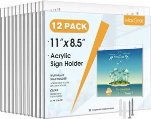 Acrylic Wall Mount Sign Holder, 8.5 x 11 Landscape, 12 Pack Clear Acrylic Material, Easy Wall Installation with Included Screws and Pre-drilled Holes, Ideal for Signs and Notices Acrylic Wall Mount Sign Holder, 8.5 x 11 Landscape, 12 Pack Clear Acrylic Material, Easy Wall Installation with Included Screws and Pre-drilled Holes, Ideal for Signs and Notices