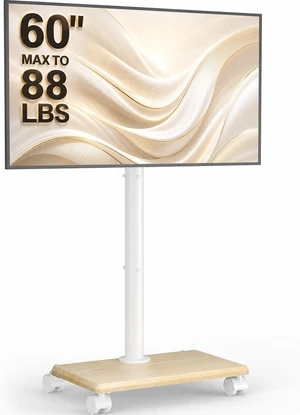 Rolling TV Stand with Wheels for 32-60 Inch TVs Height Adjustable Mobile TV Cart, Tilt -10° to 5°, 88lbs Capacity, VESA 100x100-400x400,Wood Base & Locking Wheels-White Rolling TV Stand with Wheels for 32-60 Inch TVs Height Adjustable Mobile TV Cart, Tilt -10° to 5°, 88lbs Capacity, VESA 100x100-400x400,Wood Base & Locking Wheels-White