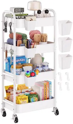 4 Tier Rolling Storage Cart Metal with Wheels, 37in Heavy Duty Roller Carts White Four Tiered Utility Organizer Shelf on Wheels for Art, Craft, Baby Diaper Caddy, Snack, Book, Large-Capacity Shelving 4 Tier Rolling Storage Cart Metal with Wheels, 37in Heavy Duty Roller Carts White Four Tiered Utility Organizer Shelf on Wheels for Art, Craft, Baby Diaper Caddy, Snack, Book, Large-Capacity Shelving