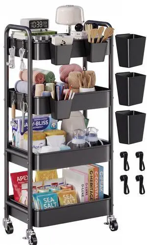 4 Tier Rolling Cart Metal with Wheels, Black Storage Carts,38in Tall Heavy Duty Large Organizer on Wheels, Four Tiered Utility Roller Shelf for Art, Craft, Baby Diaper Caddy, Snack, Dorm, Office 4 Tier Rolling Cart Metal with Wheels, Black Storage Carts,38in Tall Heavy Duty Large Organizer on Wheels, Four Tiered Utility Roller Shelf for Art, Craft, Baby Diaper Caddy, Snack, Dorm, Office