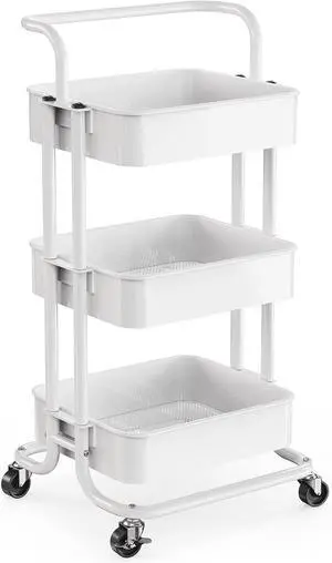 3 Tier Rolling Cart, Utility Cart with Wheels & Handle, White Four Large 2" Wheels for Easy Motion, Sturdy Metal, Hold 22 lbs per Shelf, Ideal for Nursery Room, Living Room, Painting Room 3 Tier Rolling Cart, Utility Cart with Wheels & Handle, White Four Large 2" Wheels for Easy Motion, Sturdy Metal, Hold 22 lbs per Shelf, Ideal for Nursery Room, Living Room, Painting Room