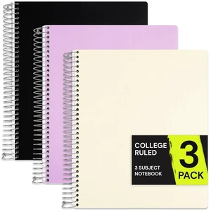 3 Subject Spiral Notebook College Ruled 3 Pack, 300 Pages 150 Sheets, 9 x 11 in, 6 Pack Waterproof Plastic Cover, Durable, School Notebooks, Homework, Test Prep 3 Subject Spiral Notebook College Ruled 3 Pack, 300 Pages 150 Sheets, 9 x 11 in, 6 Pack Waterproof Plastic Cover, Durable, School Notebooks, Homework, Test Prep