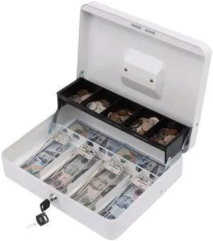Cash Box with Key Lock, Metal Money Box, Safe Storage box, White Cash Box with Money Tray and Key Lock,Tiered, Cantilever Design,4 Bill / 5 Coin Slots,11.8" x 9.5" x 3.5" Cash Box with Key Lock, Metal Money Box, Safe Storage box, White Cash Box with Money Tray and Key Lock,Tiered, Cantilever Design,4 Bill / 5 Coin Slots,11.8" x 9.5" x 3.5"