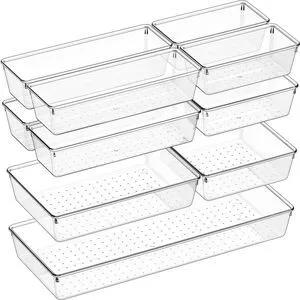 11 PCS Clear Plastic Drawer Organizer Set - 5 Large Size Versatile Kitchen and Bathroom Organizer Trays, Non-Slip Storage Bins for Makeup, Utensils, Tool and Office Desk 11 PCS Clear Plastic Drawer Organizer Set - 5 Large Size Versatile Kitchen and Bathroom Organizer Trays, Non-Slip Storage Bins for Makeup, Utensils, Tool and Office Desk