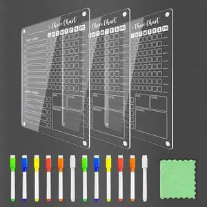 Acrylic Magnetic Chore Chart for Kids, 12x9.5 Inch, 3 Pack Clear Dry Erase Fridge Chore and Reward Board for Multiple Kids and Teens; Embedded Magnets; 12 Wet-Erase Markers and Towel Acrylic Magnetic Chore Chart for Kids, 12x9.5 Inch, 3 Pack Clear Dry Erase Fridge Chore and Reward Board for Multiple Kids and Teens; Embedded Magnets; 12 Wet-Erase Markers and Towel