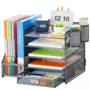 5-Tier Paper Letter Tray Organizer with Drawer and Pen Holder, Mesh Desktop Organizer and Storage with Magazine Holder for Office Supplies (Grey) 5-Tier Paper Letter Tray Organizer with Drawer and Pen Holder, Mesh Desktop Organizer and Storage with Magazine Holder for Office Supplies (Grey)