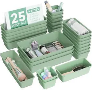 25 PCS Plastic Drawer Organizers Set, 4-Sizes Vanity and Makeup Organizer, Desk and bathroom Drawer Organizer Trays, Organizers and Storage for Makeup, Jewelry, Gadgets, Utensils (Green) 25 PCS Plastic Drawer Organizers Set, 4-Sizes Vanity and Makeup Organizer, Desk and bathroom Drawer Organizer Trays, Organizers and Storage for Makeup, Jewelry, Gadgets, Utensils (Green)