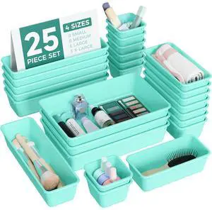 25 PCS Plastic Drawer Organizers Set, 4-Sizes Vanity and Makeup Organizer, Desk and bathroom Drawer Organizer Trays, Organizers and Storage for Makeup, Jewelry, Gadgets, Utensils (Blue) 25 PCS Plastic Drawer Organizers Set, 4-Sizes Vanity and Makeup Organizer, Desk and bathroom Drawer Organizer Trays, Organizers and Storage for Makeup, Jewelry, Gadgets, Utensils (Blue)