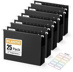 Extra Capacity Plastic Hanging File Folders, File Organizer 25 Counts Expanding File Folders Letter Size with 2" Expansion, Adjustable Tabs for File Cabinet, Drawer, Black Extra Capacity Plastic Hanging File Folders, File Organizer 25 Counts Expanding File Folders Letter Size with 2" Expansion, Adjustable Tabs for File Cabinet, Drawer, Black