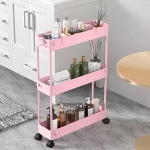 Slim Storage Cart 3 Tier,Bathroom Organizer Rolling Utility,Mobile Shelving Unit Slide Out for Office, Kitchen, Laundry Room & Narrow Places,Pink Slim Storage Cart 3 Tier,Bathroom Organizer Rolling Utility,Mobile Shelving Unit Slide Out for Office, Kitchen, Laundry Room & Narrow Places,Pink