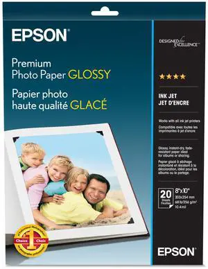 Premium Photo Paper Glossy, 20 sheets, 8x10 Borderless, (S041465) High-gloss, heavyweight paper creates durable, smudge- and water-resistant photos for albums and frames Premium Photo Paper Glossy, 20 sheets, 8x10 Borderless, (S041465) High-gloss, heavyweight paper creates durable, smudge- and water-resistant photos for albums and frames
