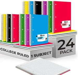 24 Pack Bulk Spiral Notebook, 1 Subject, College Ruled, 70 Sheets Spiral Notebook Bulk, 8 x 10-1/2", 3 Hole Punched, Single Subject Bulk College Ruled Notebooks for School, Assorted Colors 24 Pack Bulk Spiral Notebook, 1 Subject, College Ruled, 70 Sheets Spiral Notebook Bulk, 8 x 10-1/2", 3 Hole Punched, Single Subject Bulk College Ruled Notebooks for School, Assorted Colors