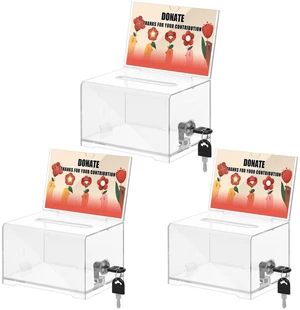 Clear Donation Box With Lock, Acrylic Raffle Box & Tip Jar, 3 Pack 4x6" Sign Holders, Cash & Raffle Tickets Collection, Church Fundraising, School Voting & Office Tips, 6.2 x 4.6 x 4.0 In Clear Donation Box With Lock, Acrylic Raffle Box & Tip Jar, 3 Pack 4x6" Sign Holders, Cash & Raffle Tickets Collection, Church Fundraising, School Voting & Office Tips, 6.2 x 4.6 x 4.0 In