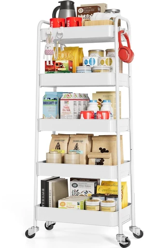 5-Tier Metal Rolling Cart with Wheels, Storage Utility Organizer Cart for Kitchen, Bathroom, Office, Baby Essentials & Makeup - Lockable Casters, Easy Assembly, Large Capacity, White 5-Tier Metal Rolling Cart with Wheels, Storage Utility Organizer Cart for Kitchen, Bathroom, Office, Baby Essentials & Makeup - Lockable Casters, Easy Assembly, Large Capacity, White