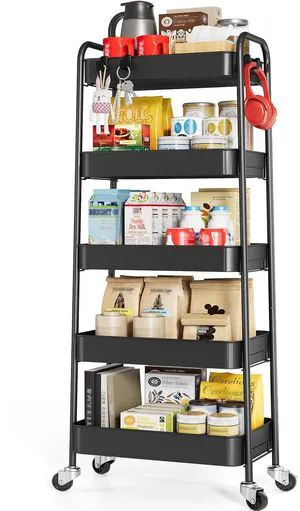 5-Tier Metal Rolling Cart with Wheels, Storage Utility Organizer Cart for Kitchen, Bathroom, Office, Baby Essentials & Makeup - Lockable Casters, Easy Assembly, Large Capacity, Black 5-Tier Metal Rolling Cart with Wheels, Storage Utility Organizer Cart for Kitchen, Bathroom, Office, Baby Essentials & Makeup - Lockable Casters, Easy Assembly, Large Capacity, Black