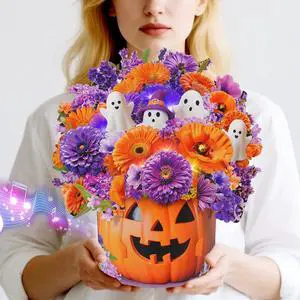 Halloween Card with Music Lights, Pop Up Pumpkin Bouquet Decoration 10 Inch Life Size, 3D Ghost Paper Forever Flower,Play Halloween Music,Lights Dance, Musical Halloween Card Gift For Women Men Halloween Card with Music Lights, Pop Up Pumpkin Bouquet Decoration 10 Inch Life Size, 3D Ghost Paper Forever Flower,Play Halloween Music,Lights Dance, Musical Halloween Card Gift For Women Men