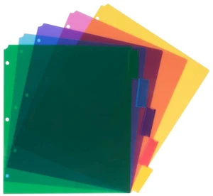 Plastic Index 5-Tab Dividers - 9 3/4 x 11 1/2 - Assorted Multi-Color - 6 Packs of 5 Tabs/Set Plastic Index 5-Tab Dividers - 9 3/4 x 11 1/2 - Assorted Multi-Color - 6 Packs of 5 Tabs/Set