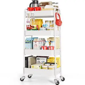 4 Tier Metal Rolling Cart, Utility Storage Cart with Wheels, White | Screwless Assembly, Lockable Metal Wheels, Trolley Organizer for Bathroom, Kitchen, Office, Dorm, Laundry, Craft Room 4 Tier Metal Rolling Cart, Utility Storage Cart with Wheels, White | Screwless Assembly, Lockable Metal Wheels, Trolley Organizer for Bathroom, Kitchen, Office, Dorm, Laundry, Craft Room