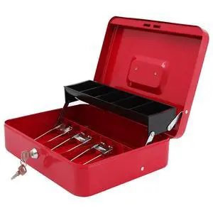 Cash Box with Key Lock, Metal Money Box, Safe Storage box, Red Cash Box with Money Tray and Key Lock,Tiered, Cantilever Design,4 Bill / 5 Coin Slots,11.8" x 9.5" x 3.5" Cash Box with Key Lock, Metal Money Box, Safe Storage box, Red Cash Box with Money Tray and Key Lock,Tiered, Cantilever Design,4 Bill / 5 Coin Slots,11.8" x 9.5" x 3.5"