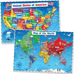 United States and World Map For Kids Classroom Posters 2pc Set - 24 x 16 Waterproof US and World Map for Classroom Decor Posters - Teacher Classroom Must Haves - Homeschool Back to School Supplies United States and World Map For Kids Classroom Posters 2pc Set - 24 x 16 Waterproof US and World Map for Classroom Decor Posters - Teacher Classroom Must Haves - Homeschool Back to School Supplies