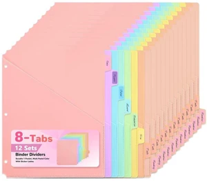 8 Tab Binder Dividers with Pockets - Heavy Duty Plastic Dividers for 3 Ring Binder, Letter Size Poly Page Separators with Tabs & Label Stickers, Diamond Texture, 8 Pastel Colors (12) 8 Tab Binder Dividers with Pockets - Heavy Duty Plastic Dividers for 3 Ring Binder, Letter Size Poly Page Separators with Tabs & Label Stickers, Diamond Texture, 8 Pastel Colors (12)