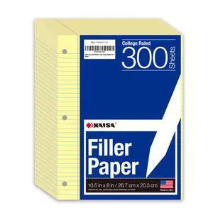 Loose Leaf Notebook Paper, College Ruled, 300 Sheets Per Lined Paper, 8" x 10.5", 3 Hole Punched for 3 Ring Binder, Canary, Made In USA Loose Leaf Notebook Paper, College Ruled, 300 Sheets Per Lined Paper, 8" x 10.5", 3 Hole Punched for 3 Ring Binder, Canary, Made In USA