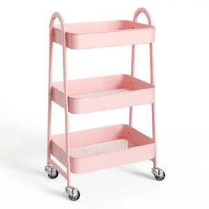 3-Shelf Metal Rolling Storage Utility Cart with Lockable Wheels Mobile Organizer Shelf, Space-Saving, Freestanding, Bathroom, Living Room, Slim, Narrow Corner Spaces, Pink 3-Shelf Metal Rolling Storage Utility Cart with Lockable Wheels Mobile Organizer Shelf, Space-Saving, Freestanding, Bathroom, Living Room, Slim, Narrow Corner Spaces, Pink