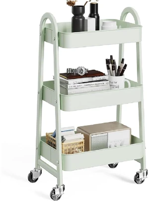 Metal 3 Tiers Rolling Storage Utility Cart with Lockable Wheels Mobile Organizer Shelf, Space-Saving, Freestanding, Bathroom, Living Room, Slim, Narrow Corner Spaces, Pale Green Metal 3 Tiers Rolling Storage Utility Cart with Lockable Wheels Mobile Organizer Shelf, Space-Saving, Freestanding, Bathroom, Living Room, Slim, Narrow Corner Spaces, Pale Green
