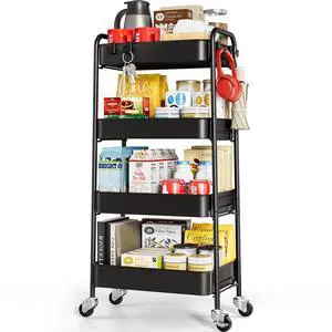 4 Tier Metal Rolling Cart, Utility Storage Cart with Wheels, Black | Screwless Assembly, Lockable Metal Wheels, Trolley Organizer for Bathroom, Kitchen, Office, Dorm, Laundry, Craft Room 4 Tier Metal Rolling Cart, Utility Storage Cart with Wheels, Black | Screwless Assembly, Lockable Metal Wheels, Trolley Organizer for Bathroom, Kitchen, Office, Dorm, Laundry, Craft Room